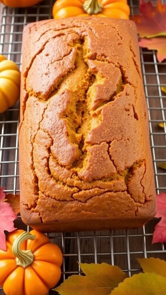 A loaf of golden brown pumpkin bread cooling on a wire rack, surrounded by autumn decorations.